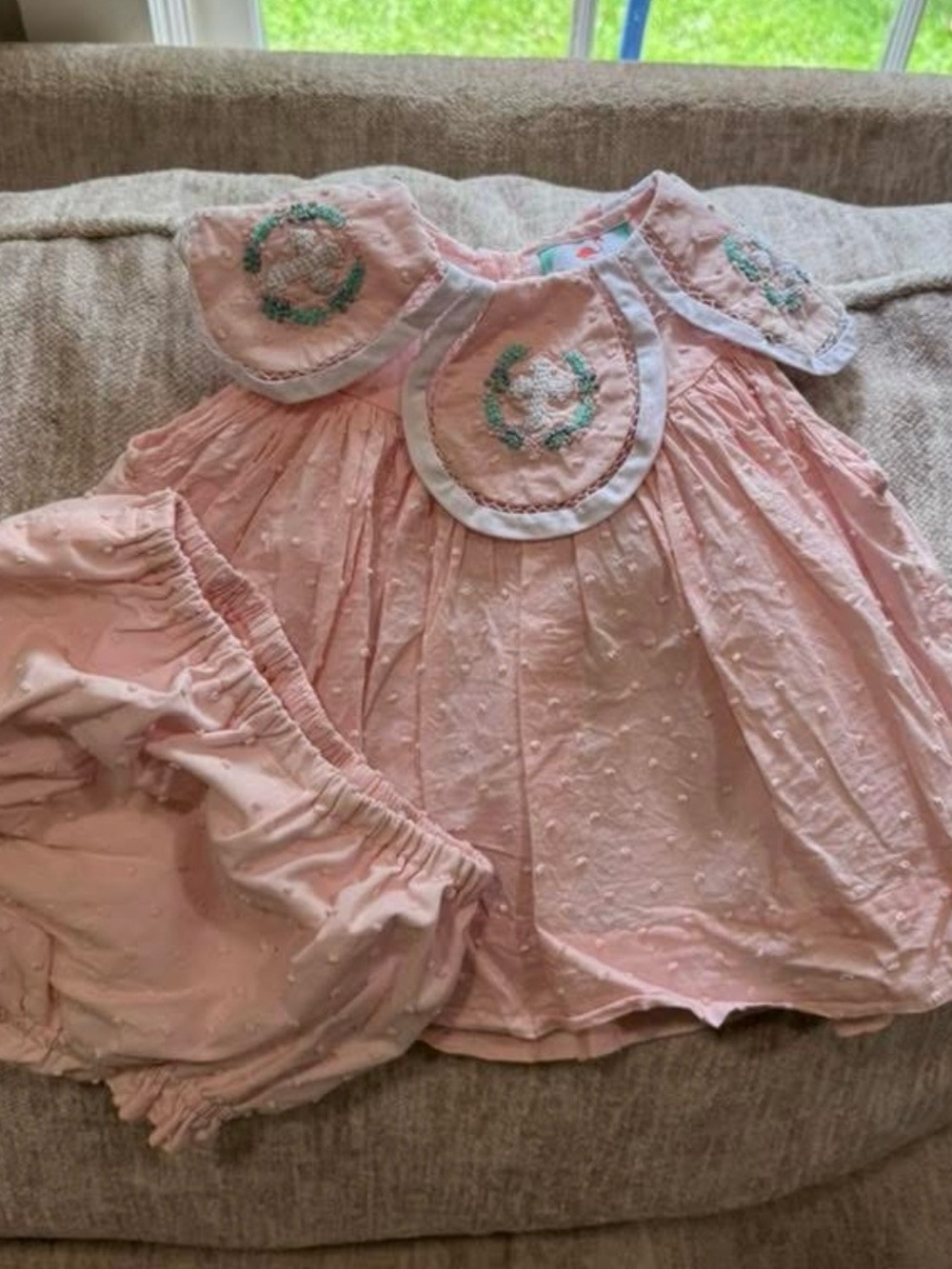 The Smocked Flamingo Dress & Bloomers with Embroidered Cross collar